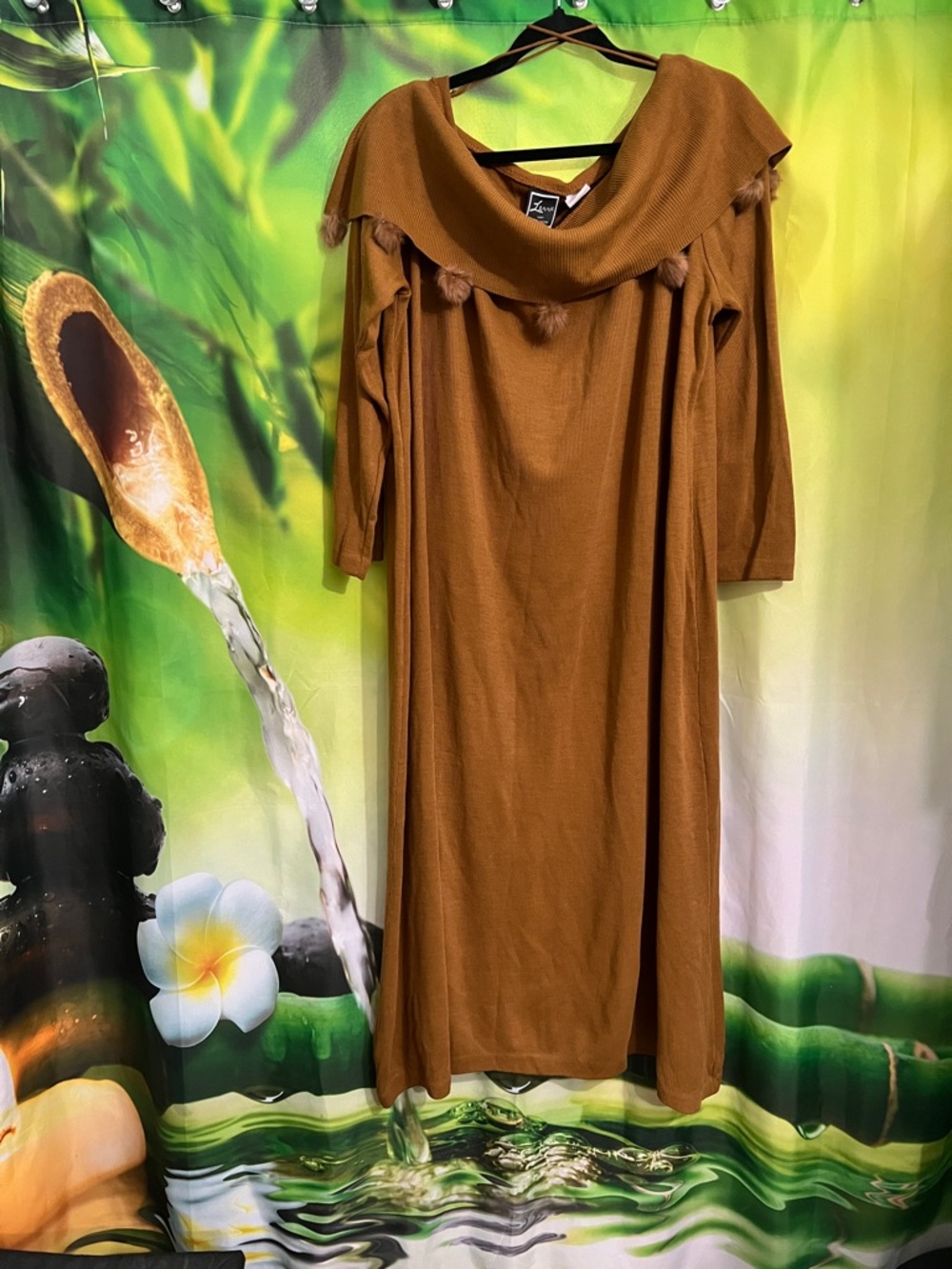 Cozy Pom-Trim Knit Dress in Warm Brown